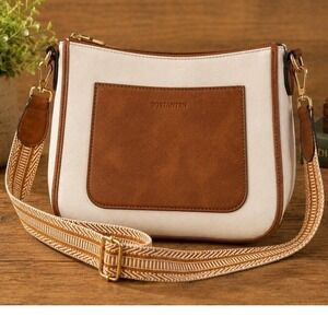 Bostanten Women's Crossbody Bag Cream Brown Vegan Leather Woven Guitar Strap